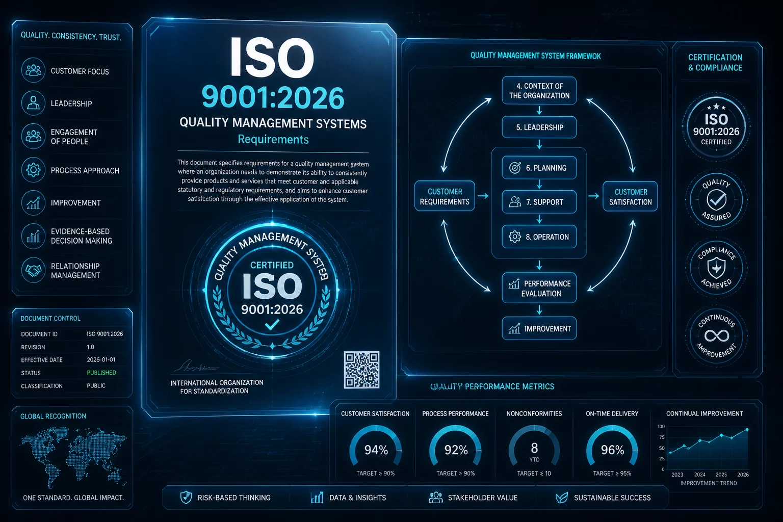 Official ISO 9001:2026 Quality Management Standard documentation architecture and compliance lifecycle diagram